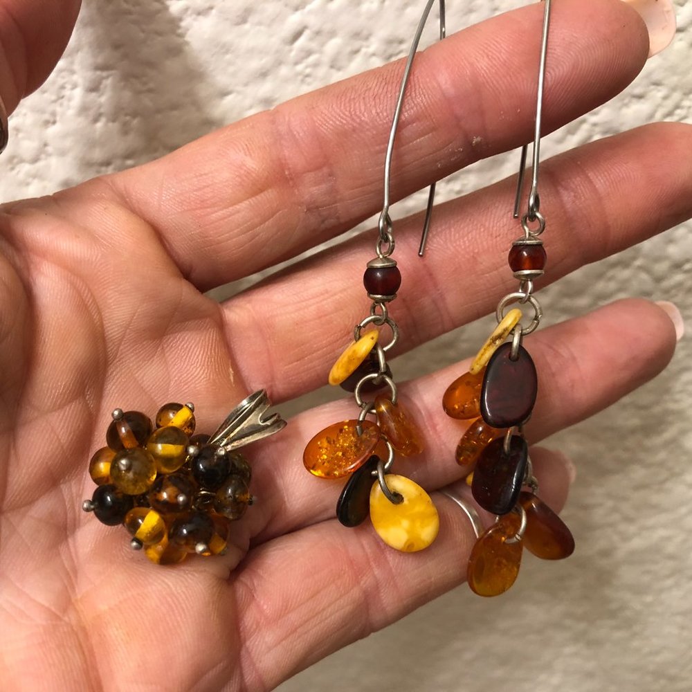 Sterling Silver natural amber earrings and pendant set